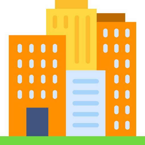 Five colorful buildings in a city skyline, with a green ground line at the bottom.