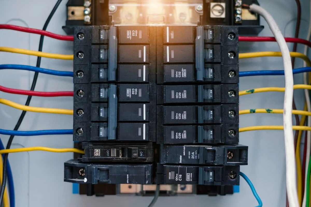 Close-up of a circuit breaker panel with multiple switches and colored wires.