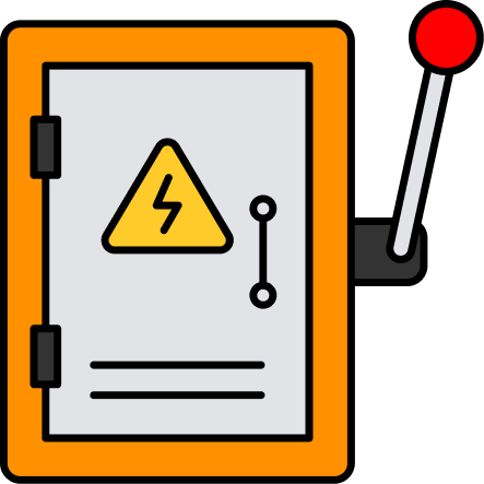 Illustration of an electric control box with a warning lightning bolt symbol and a lever on the side.