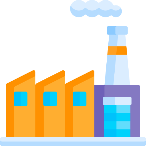 Simple illustration of a factory with a smokestack emitting smoke, and three orange boxed products or containers lined up in front.