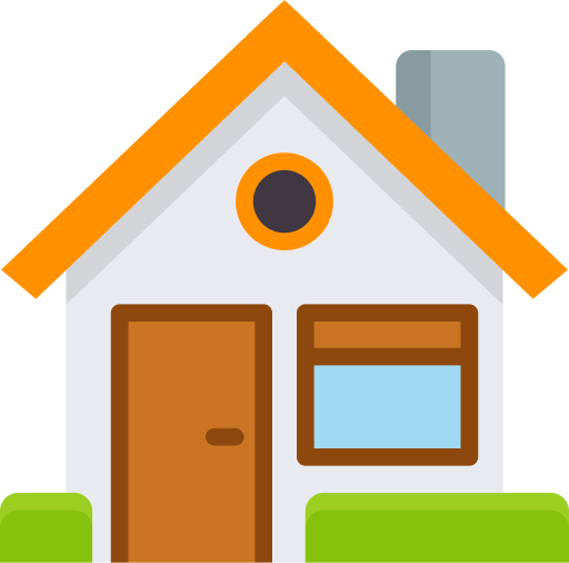 A cartoon house with a brown door, a large window, a gray chimney, and a triangular orange roof on a grassy lawn.
