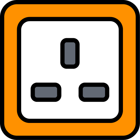 Australian electrical power outlet with three slots inside an orange-bordered square.