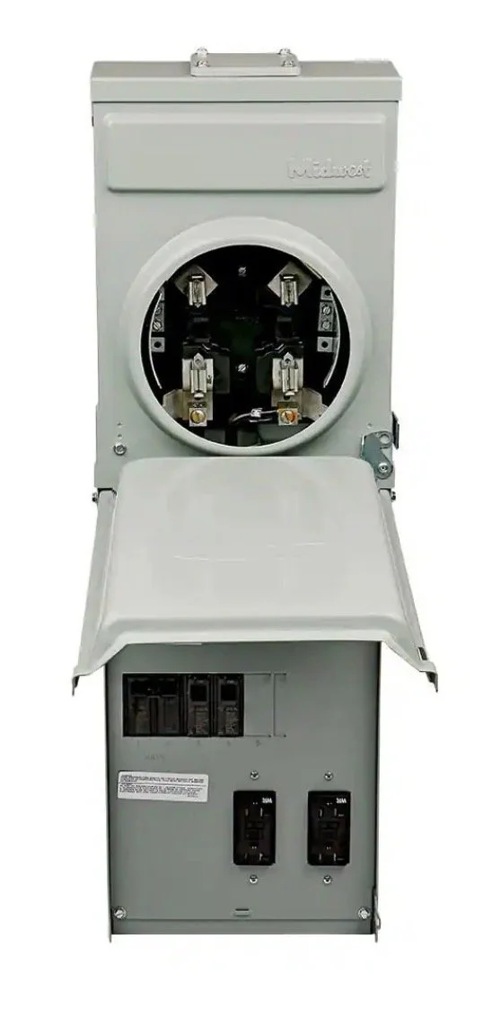 A gray electrical meter with the cover open, revealing the internal connection points and circuits.