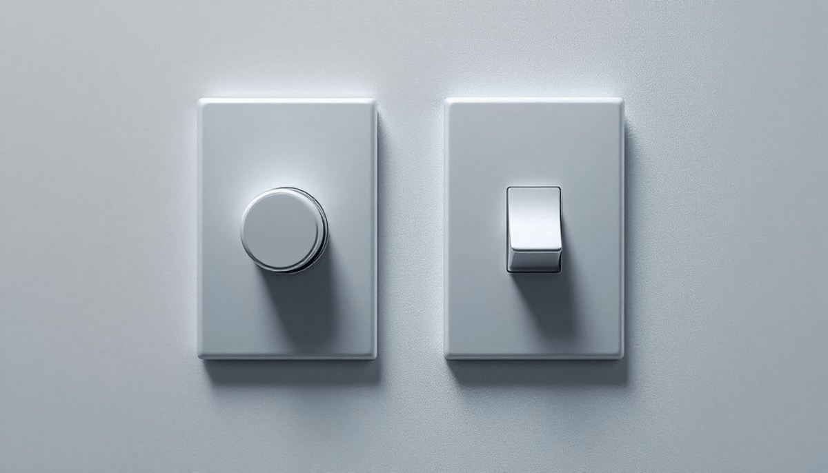 Close-up of two white electrical switches on a wall, one rotary knob on the left and one toggle switch on the right.