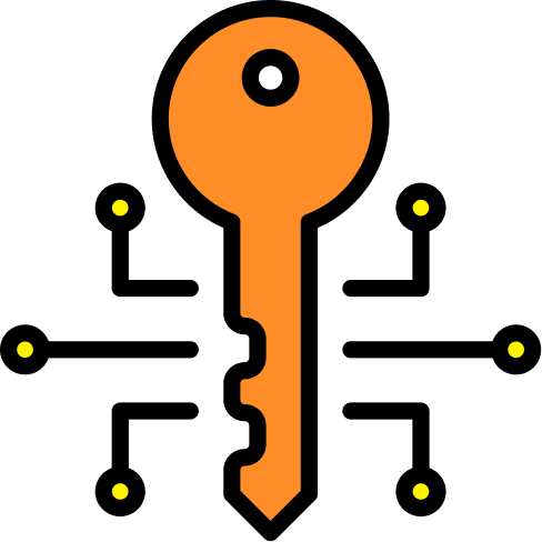 Clock with a key as its center, featuring an orange key shape as the clock hands and yellow dots for the hours.
