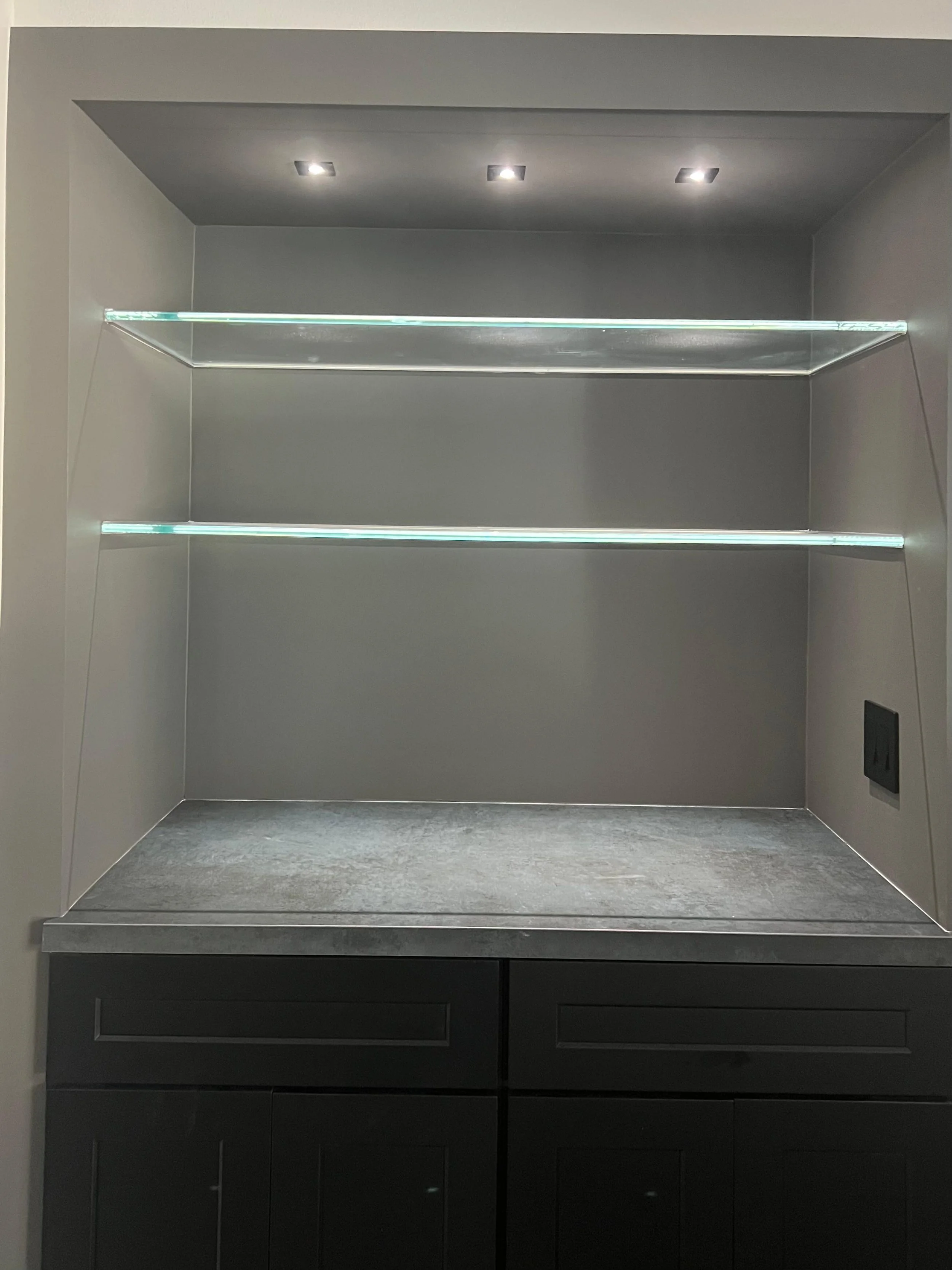 Empty display case with glass shelves, gray walls, and four ceiling lights.