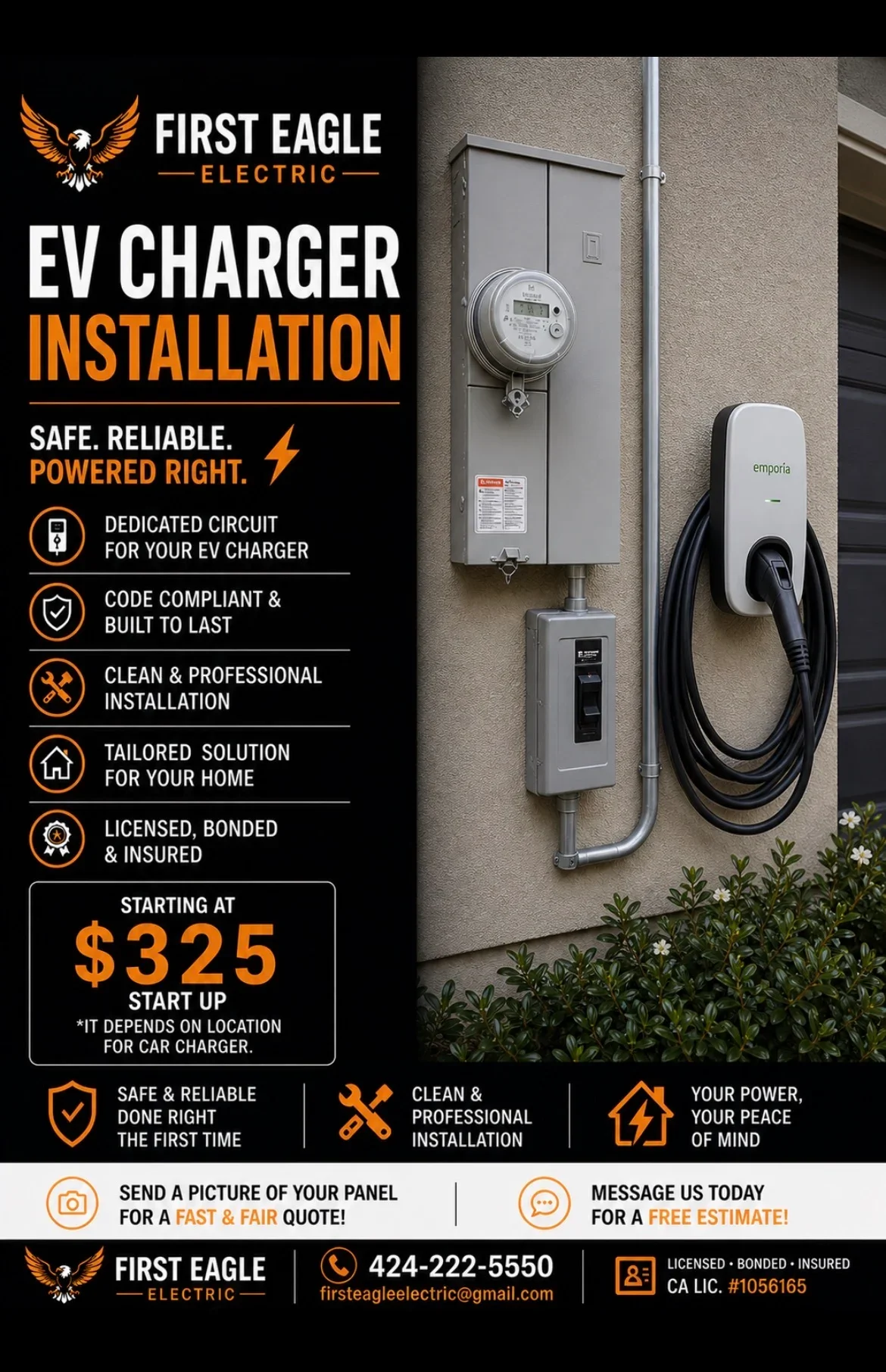 Advertisement for First Eagle Electric's EV charger installation services, featuring a photo of an electric vehicle charging station on a wall.