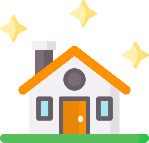 A cartoon drawing of a house with a chimney and two windows, surrounded by sparkles or stars.