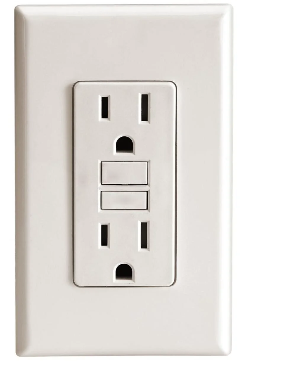 Close-up of a white electrical outlet with two plug sockets and two switches.