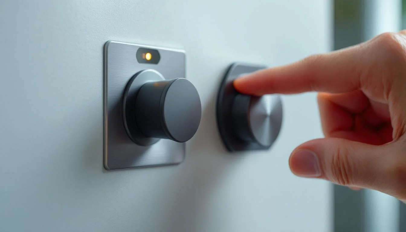 A person's hand is turning a black knob on a silver control panel, with another black knob nearby. The panel is mounted on a light-colored wall, and a small yellow indicator light is above the panel.