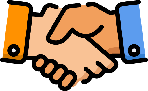 Illustration of two hands shaking, one with an orange sleeve and the other with a blue sleeve.