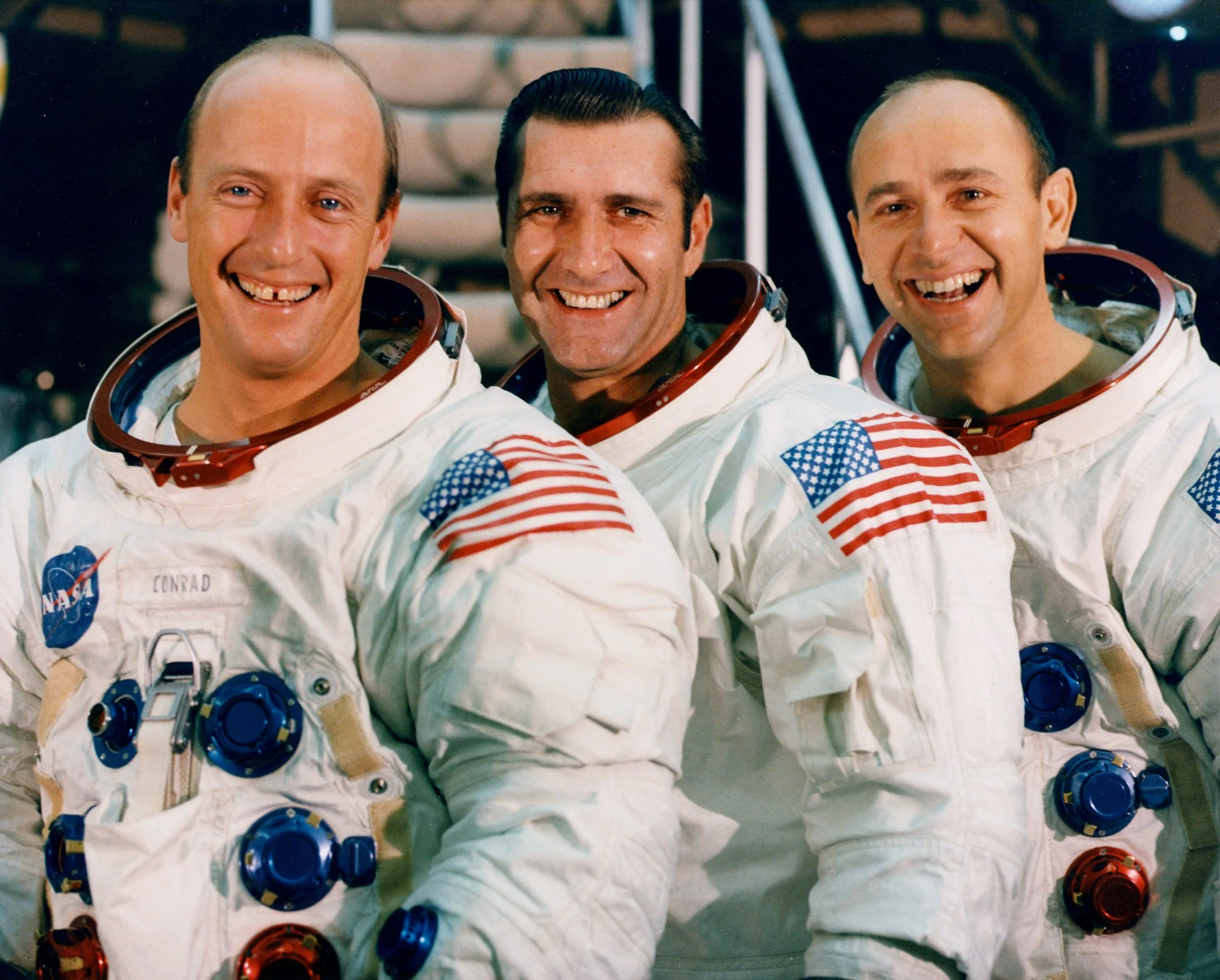 The crew of Apollo 12. L-R: CDR Charles "Pete" Conrad, CMP Richard Gordon, and LMP Alan Bean. (Courtesy of ALSJ)
