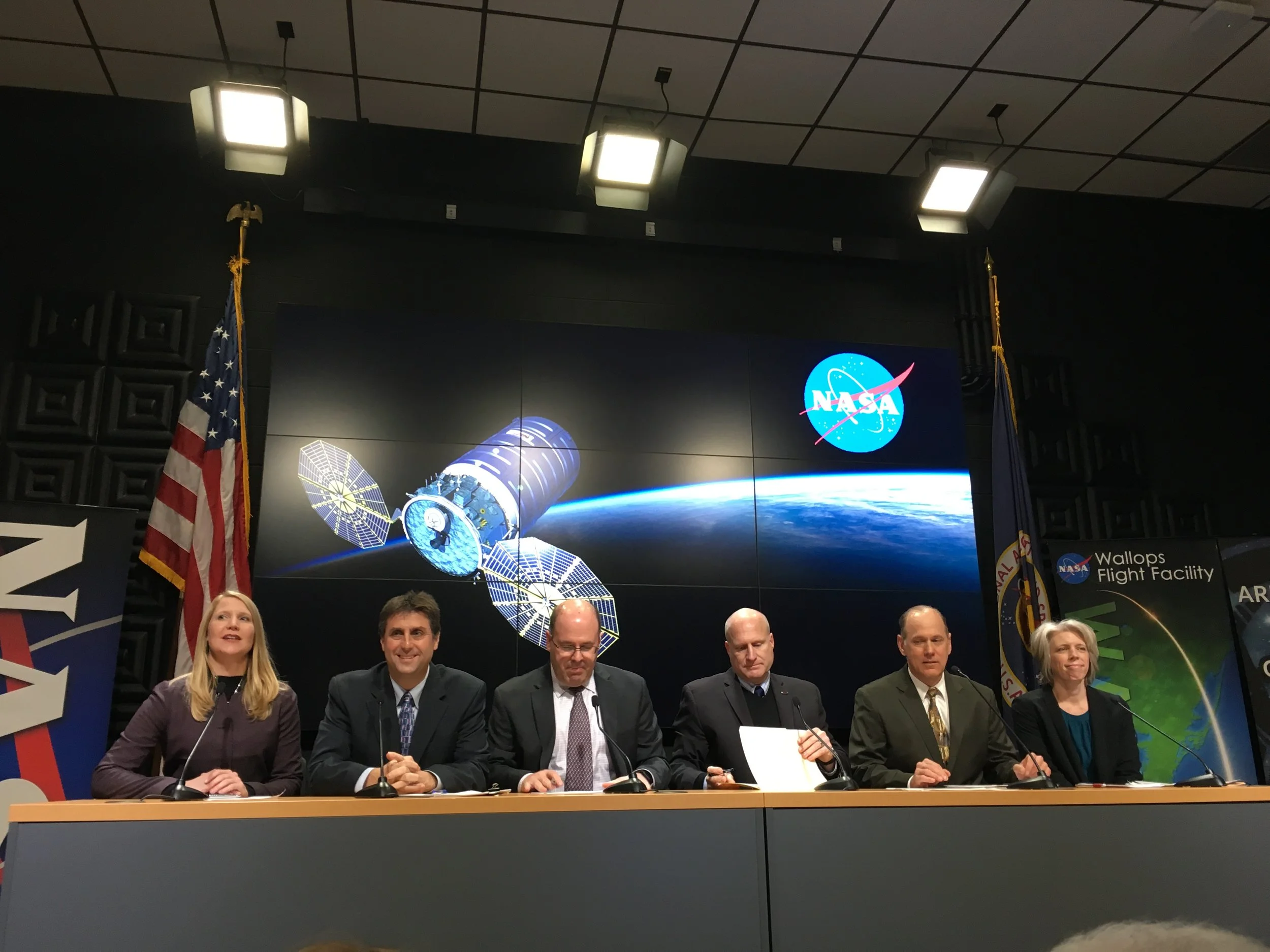Panel members L-R: Stephanie Schierholz (NASA Communications Office), Joel Montalbano (NASA Johnson, ISS), Frank DeMauro (Programs, Northrop Grumman), Kurt Eberly, (Antares, Northrop Grumman), Doug Voss (Range, NASA Wallops), and Tara Ruttley (Microgravity Research, NASA Chief Scientist Office).