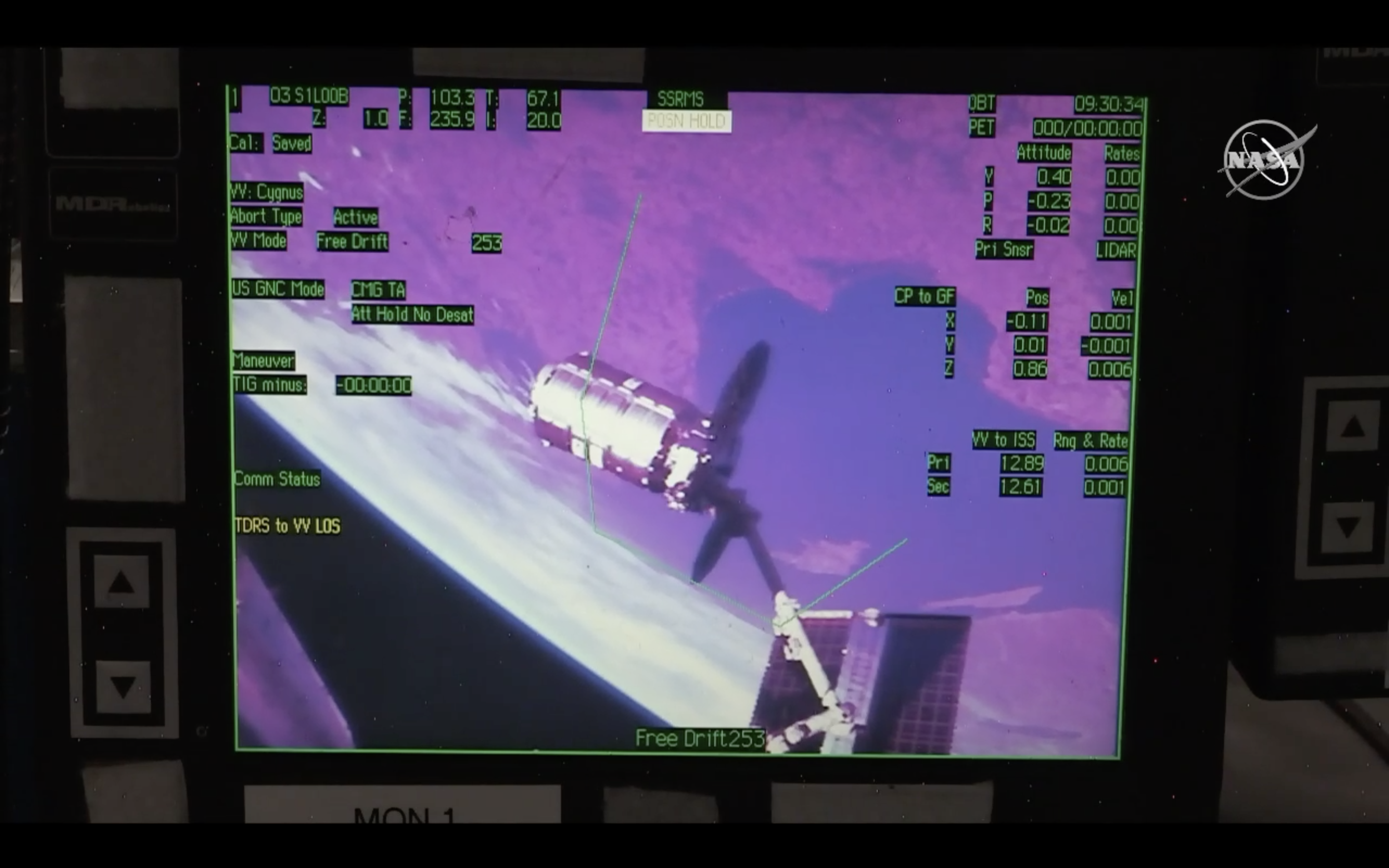 NG-11 arrives at the ISS with a smooth capture at 5:30am EDT, seen on the station’s onboard monitors. (Image: NASA TV)