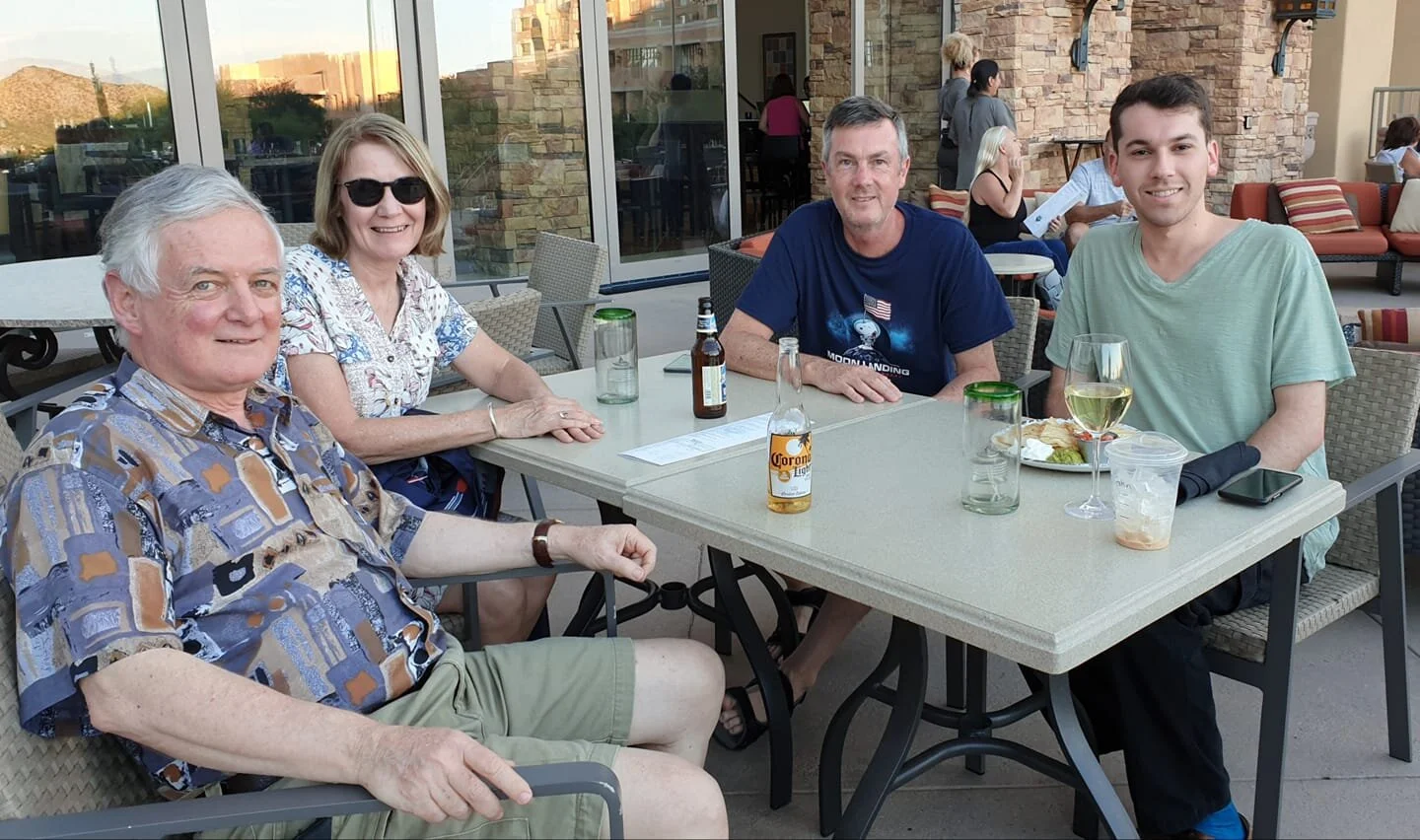 Some of the “Spacefest leftovers” the day after the event ended. L-R: Mark Rigby, Heather Henry, David Henry, and the author. (Photo: Mark Rigby)