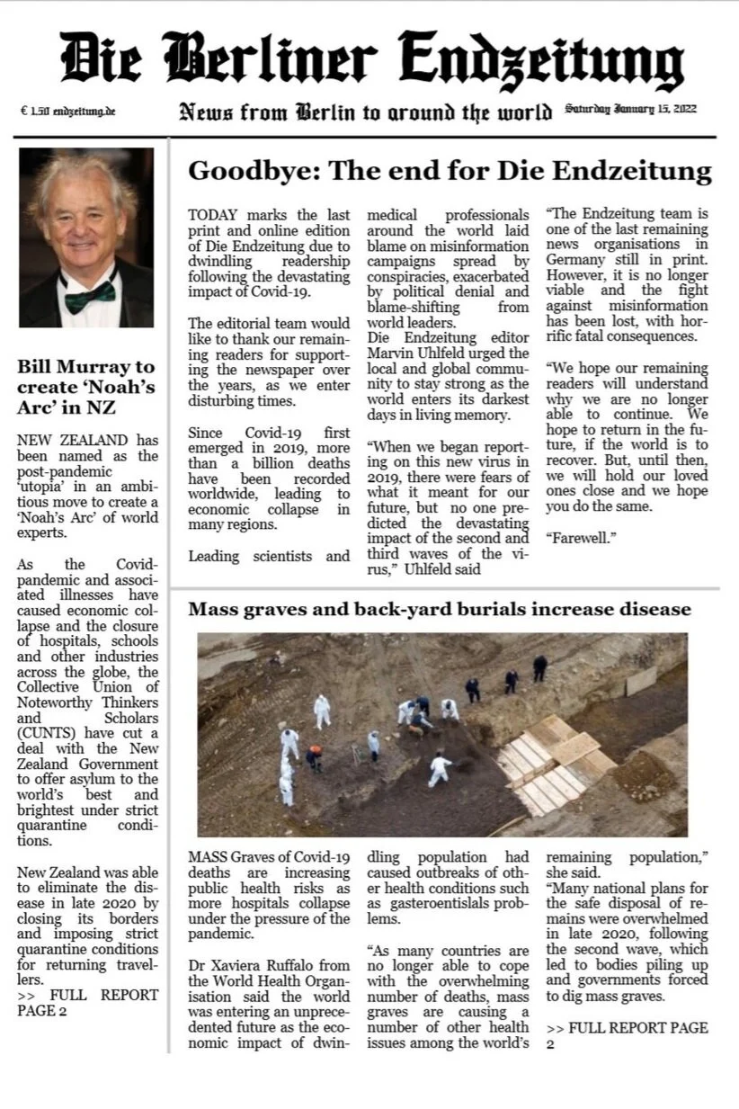 The mock-newspaper detailing the slow decline of humanity.