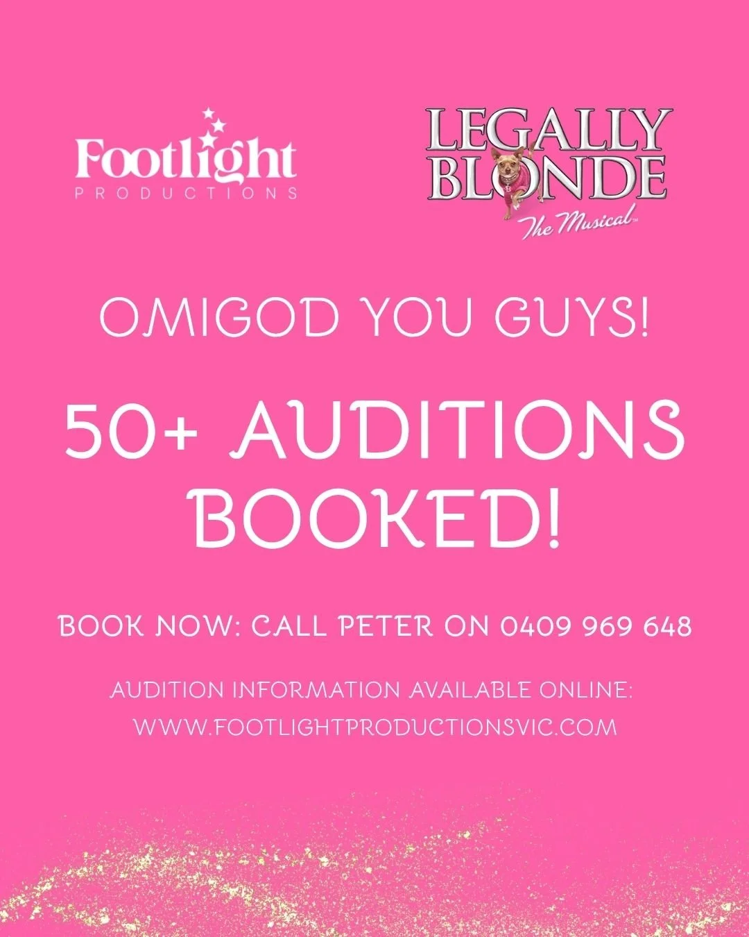 What an incredible response to our first day of Legally Blonde audition bookings!

There are new times available into the evening on 9 August, and we hope to see you there!

Call Peter on 0409 969 948 to book your place now 🩷