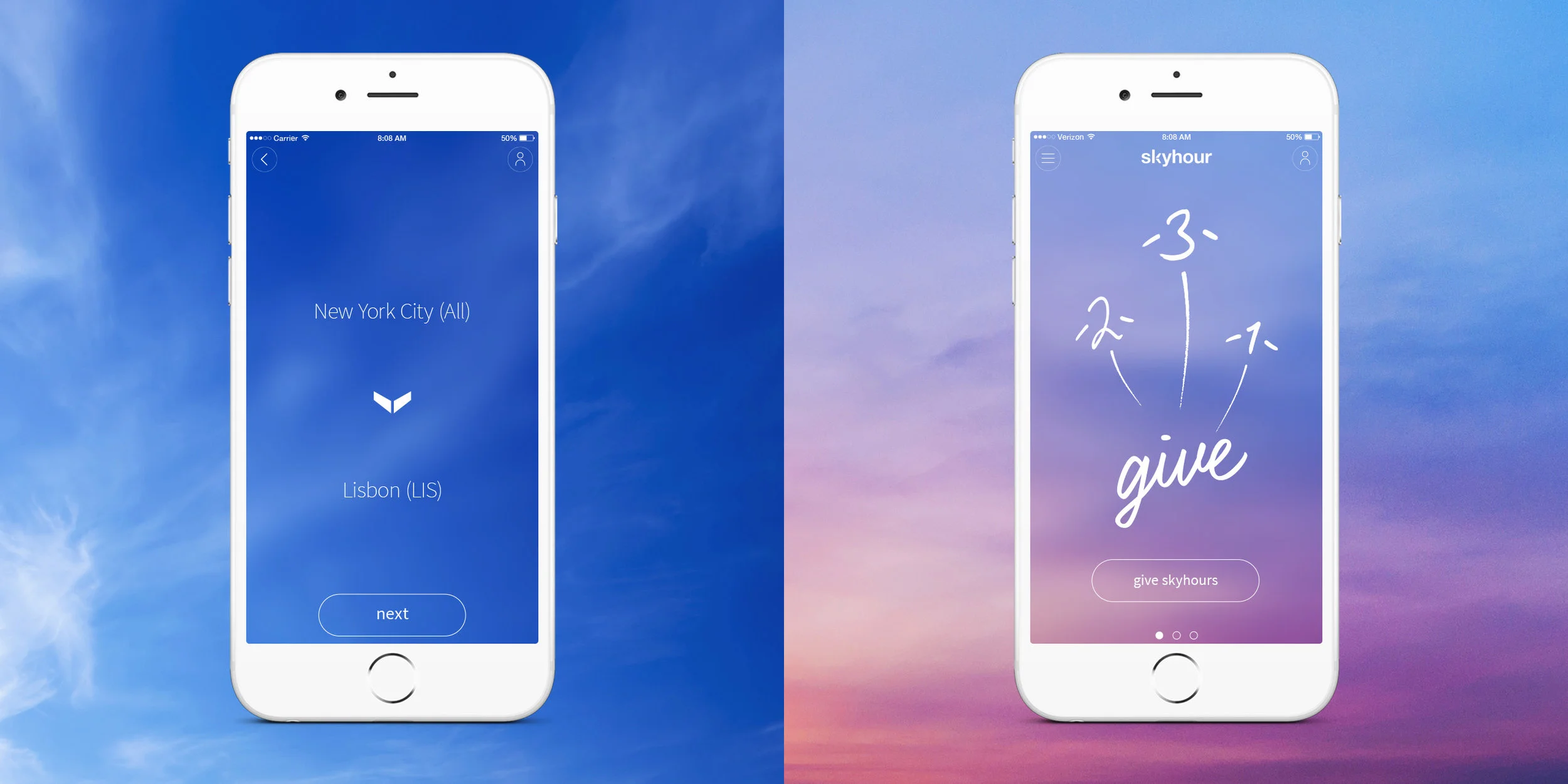 IPhone skyhour travel app interface on blue sky background