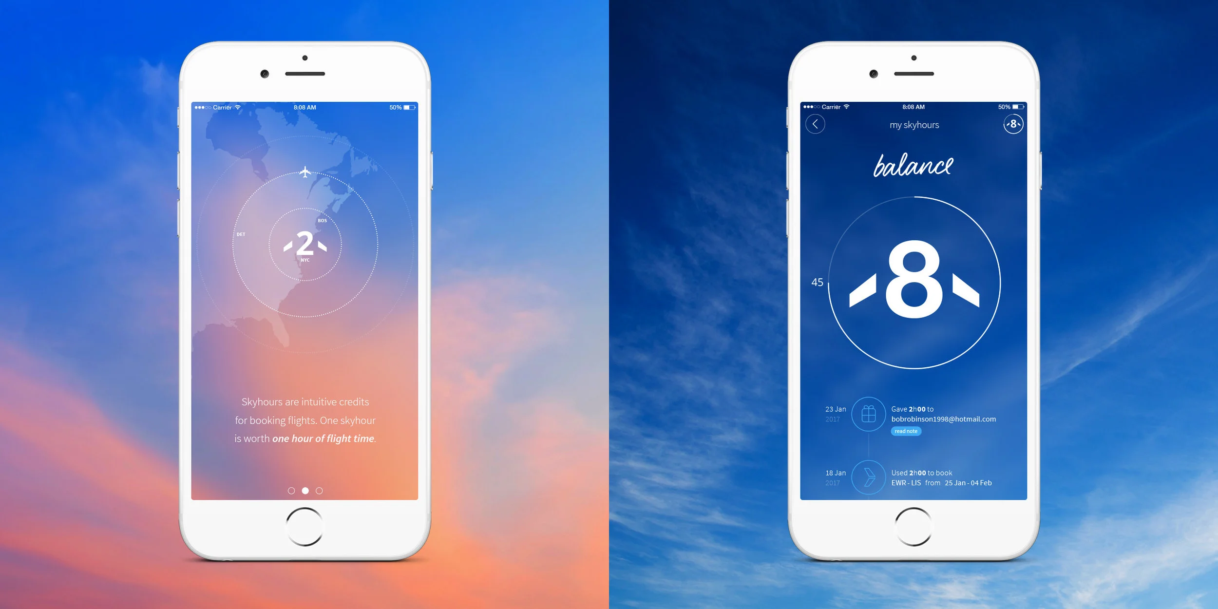 Iphone skyhour travel app interface on blue sky background UI