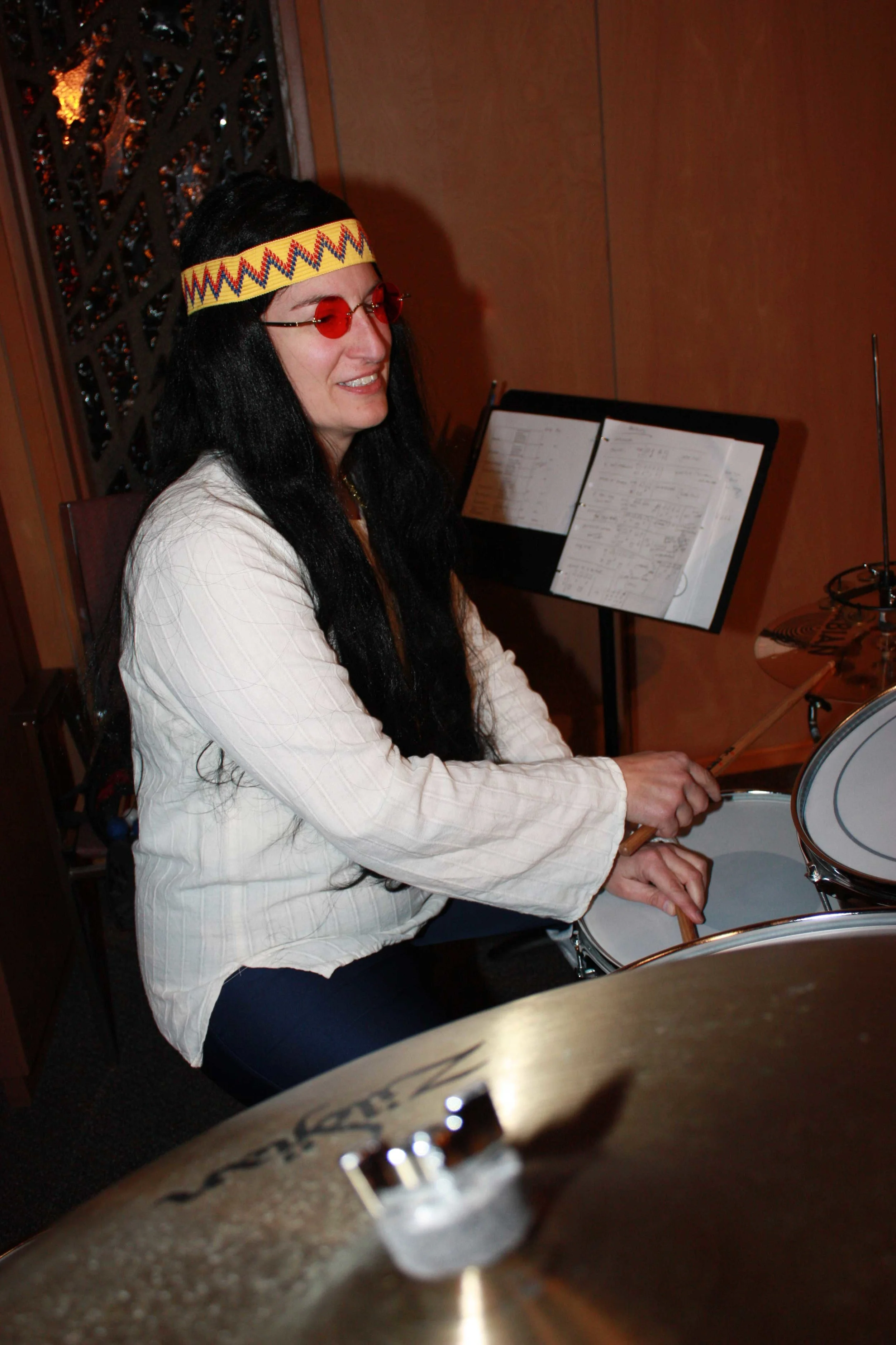 Kim with drum set