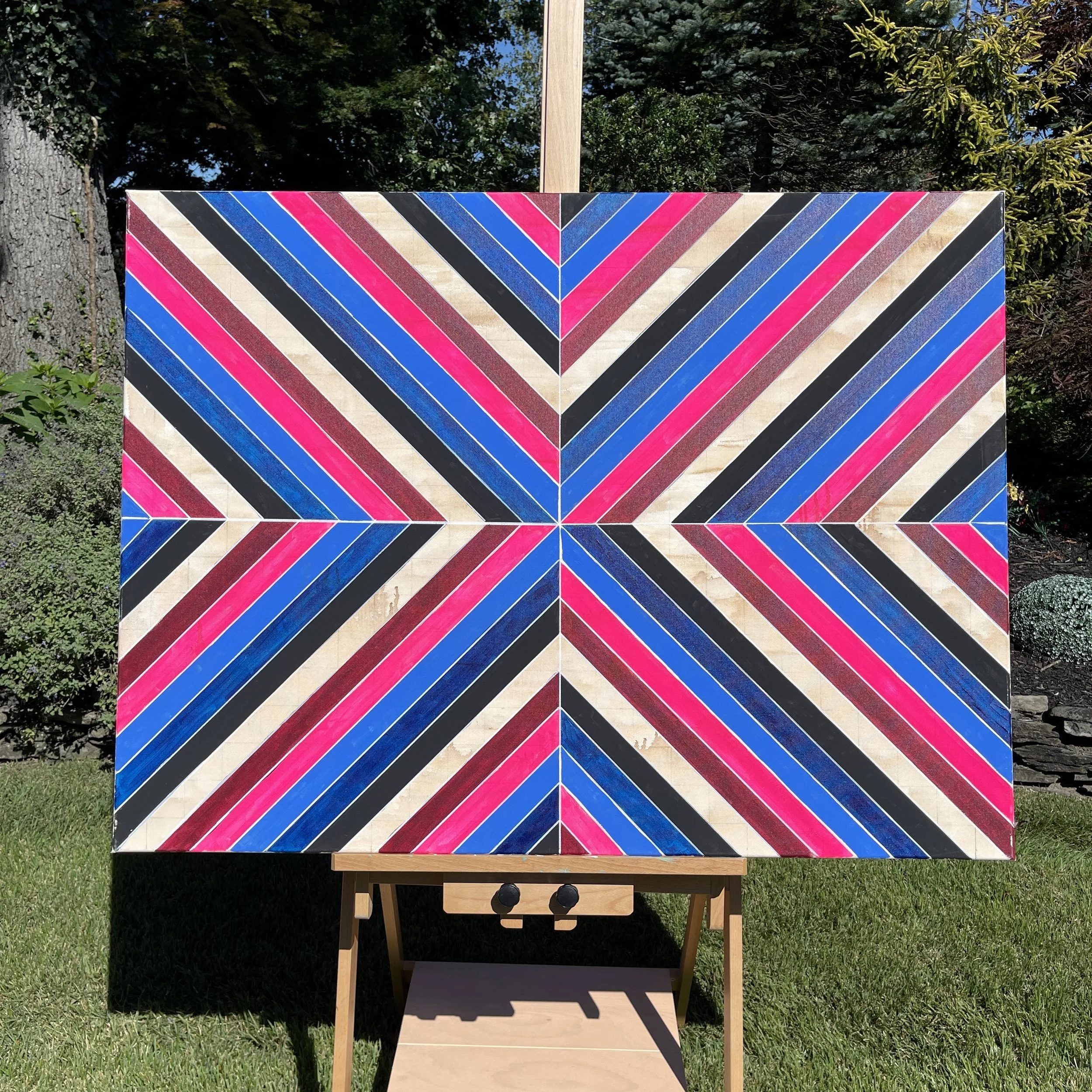 Neon Pink Navy Blue Geometric Acrylic Painting 36x48