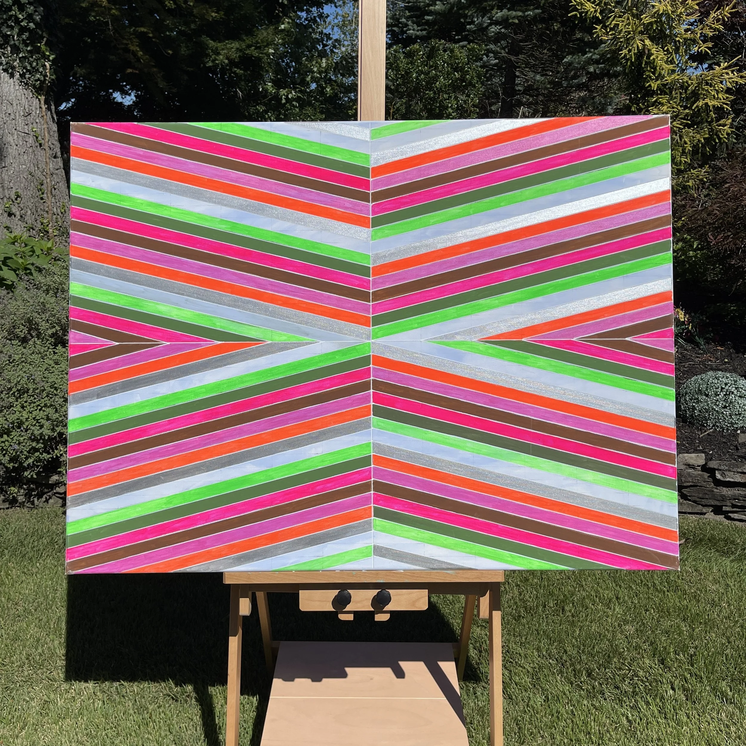 Neon Green Metallic Silver Multicolor Geometric Painting 36x48