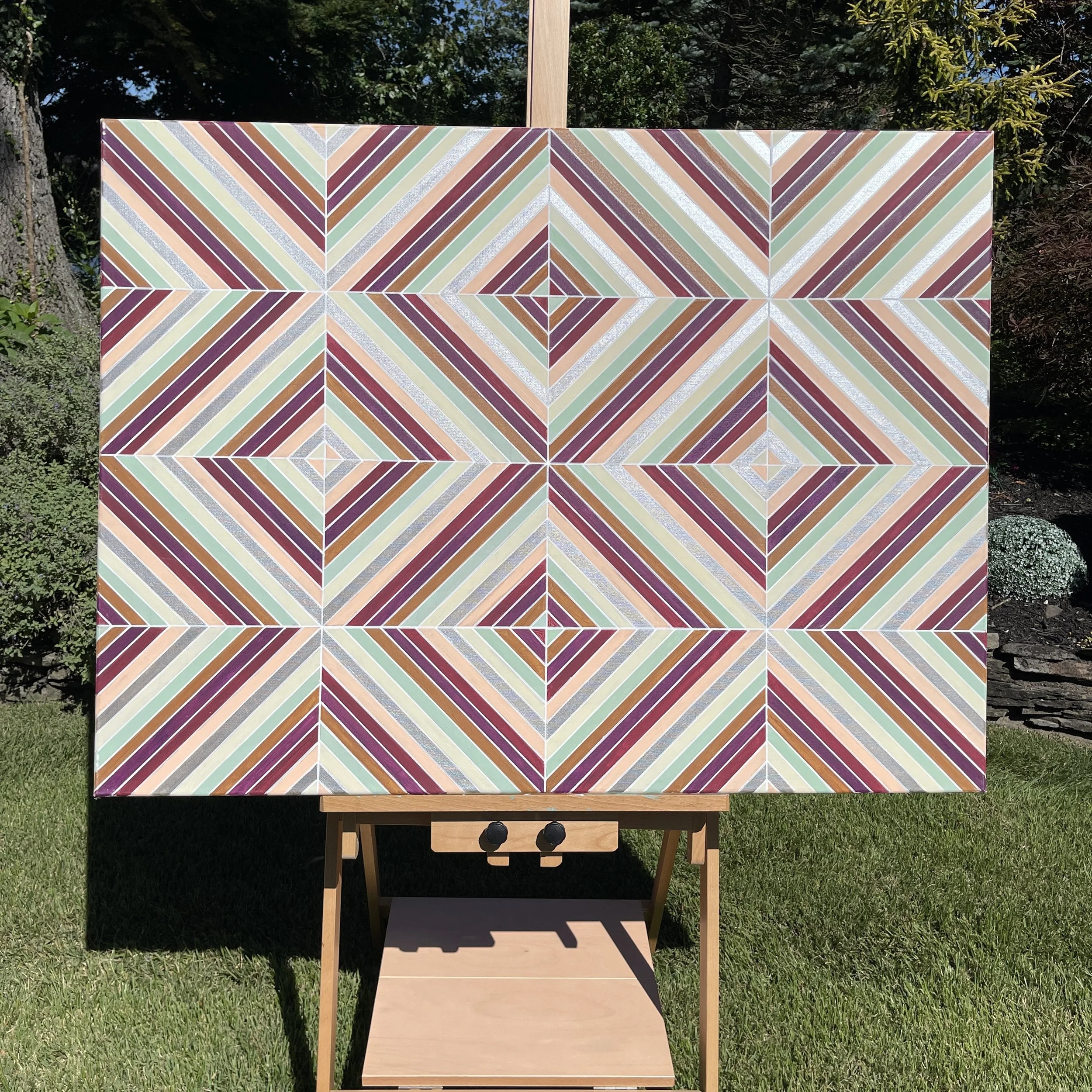 Metallic Silver Multicolor Geometric Acrylic Painting 36x48