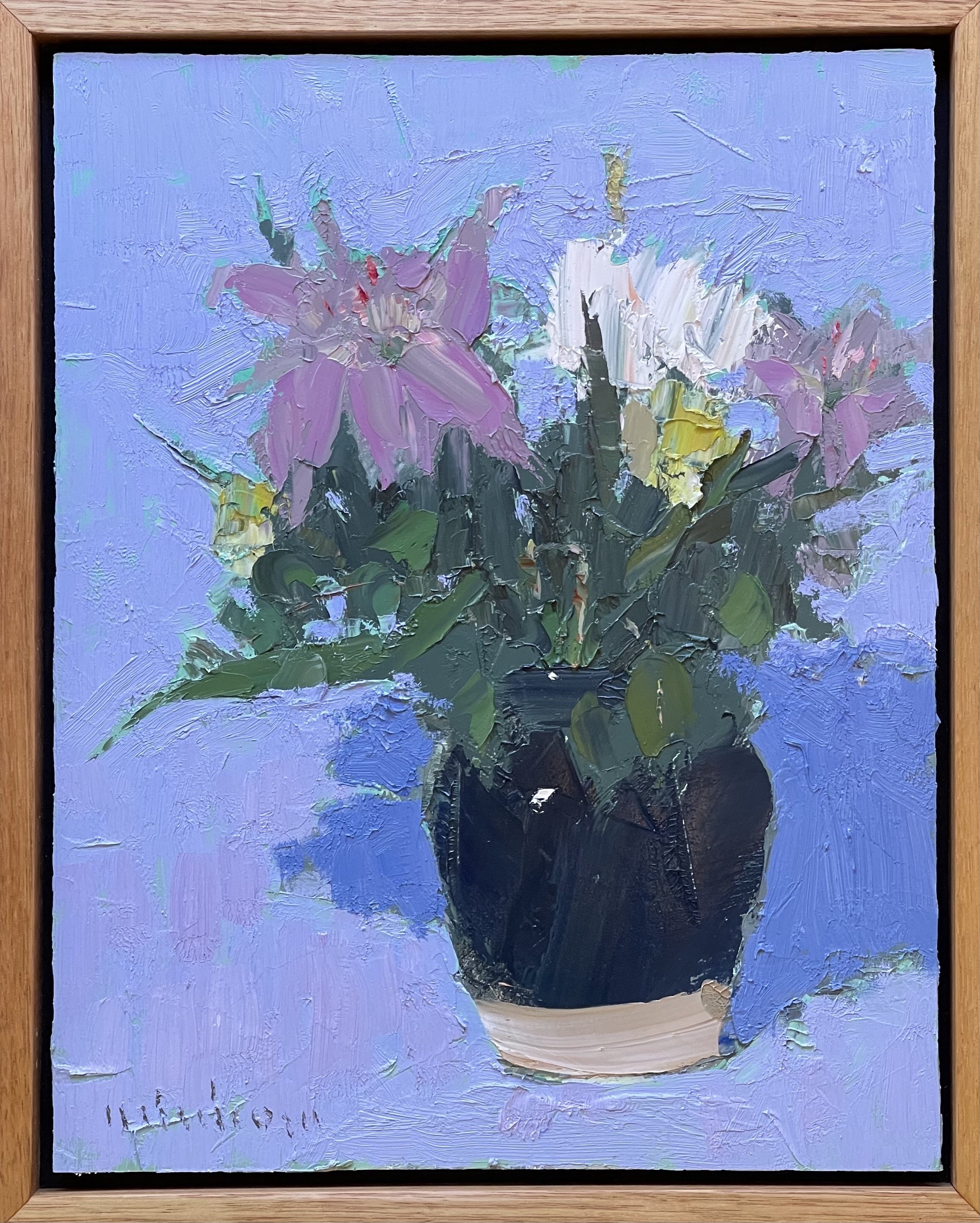 MINHAN CHO Lillies In A Vase 28x35cm framed oil on board $1100