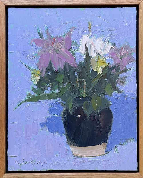 Lillies In A Vase 28x35cm framed oil on board $990