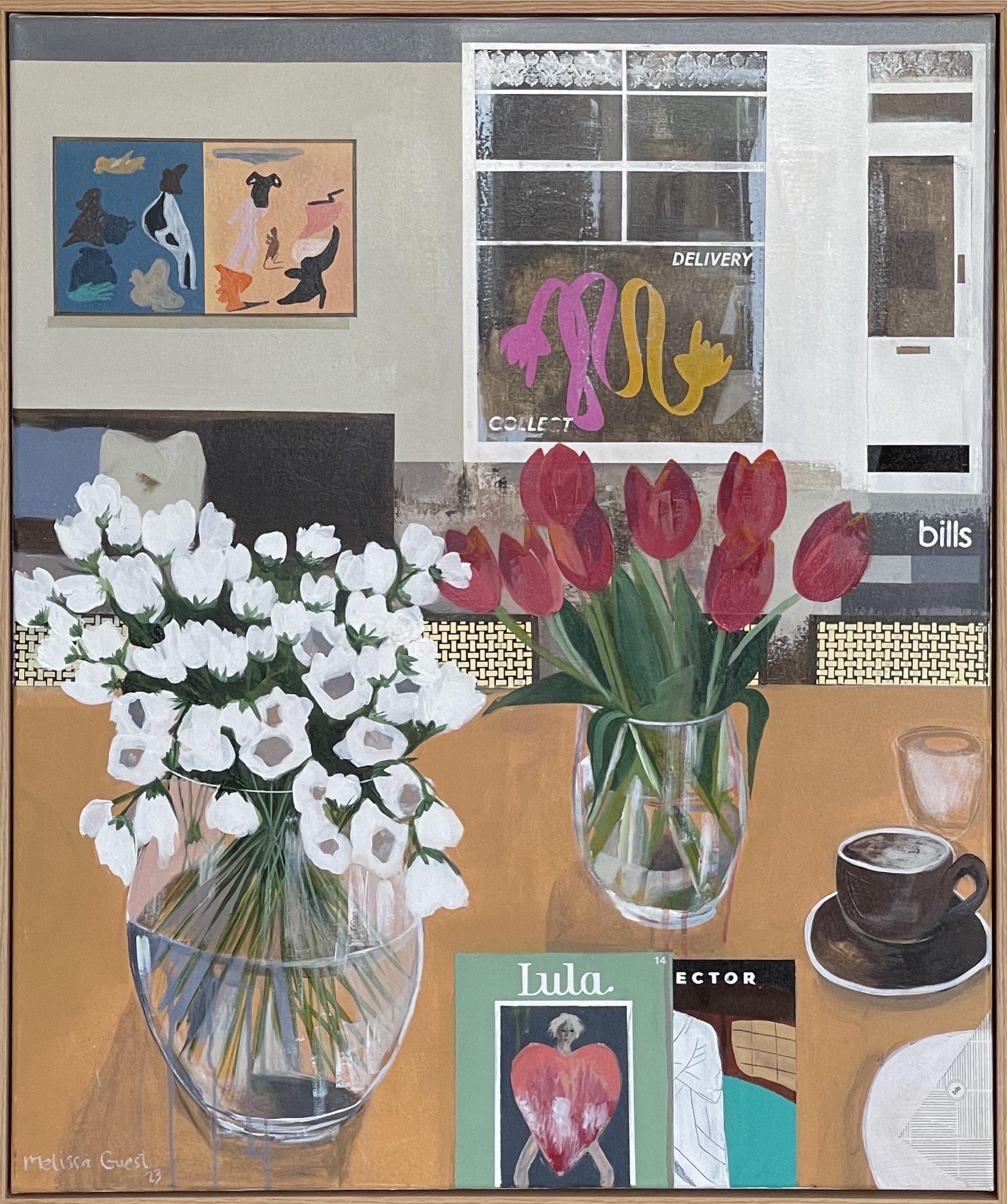 MELISSA GUEST Breakfast At Bills With Tulips And White Flowers 92x76cm framed mixed media on canvas $3200