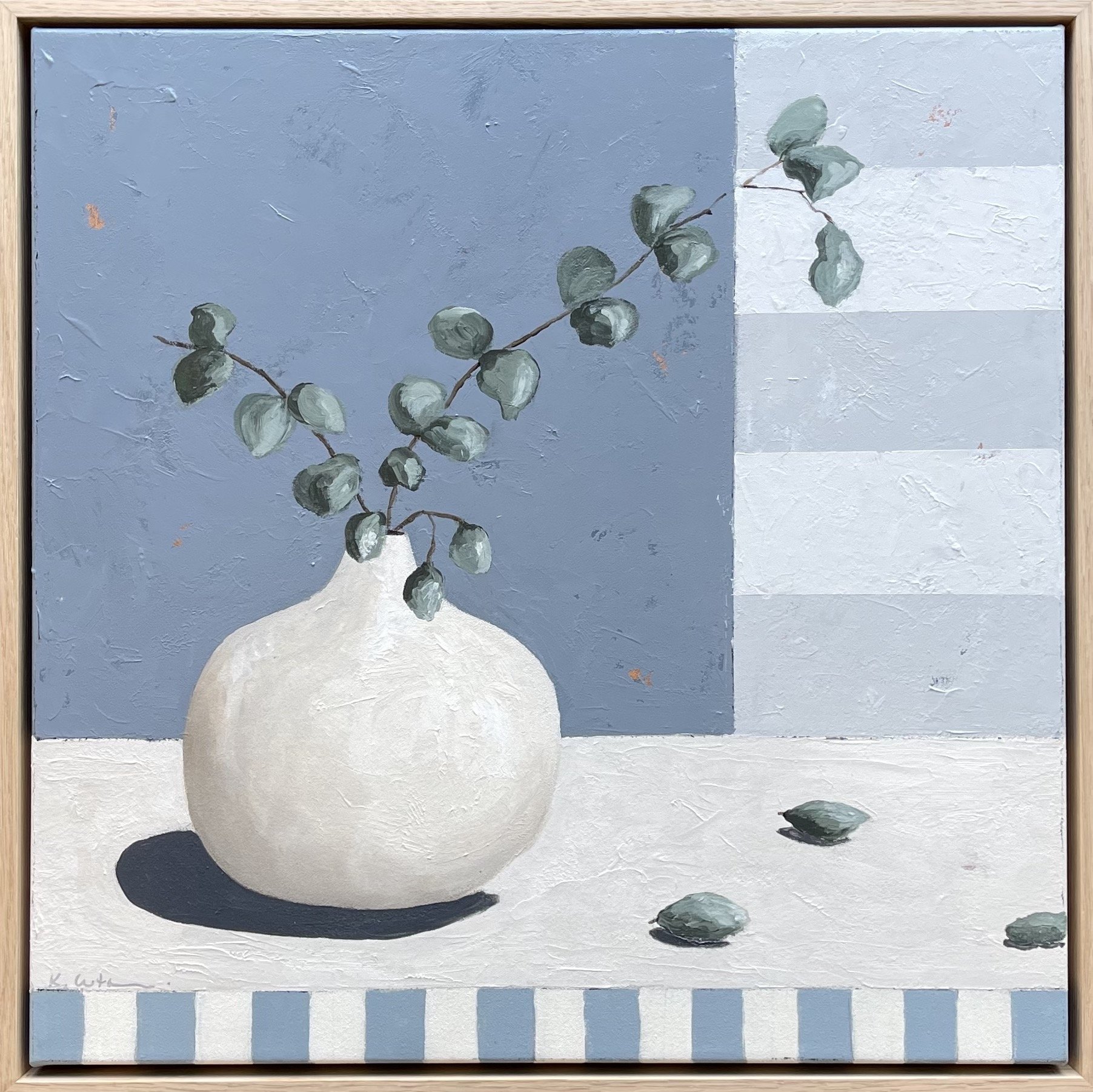 KARIN CUTLER Leaves In White Pot 50x50cm framed acrylic on canvas WAS $990 now $750