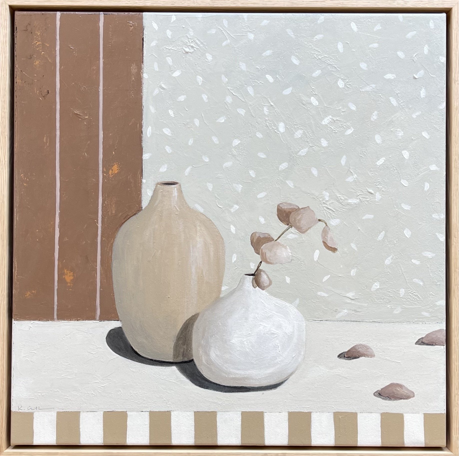 KARIN CUTLER Dried Leaves In White Vase 50x50cm framed acrylic on canvas WAS $990  now $750