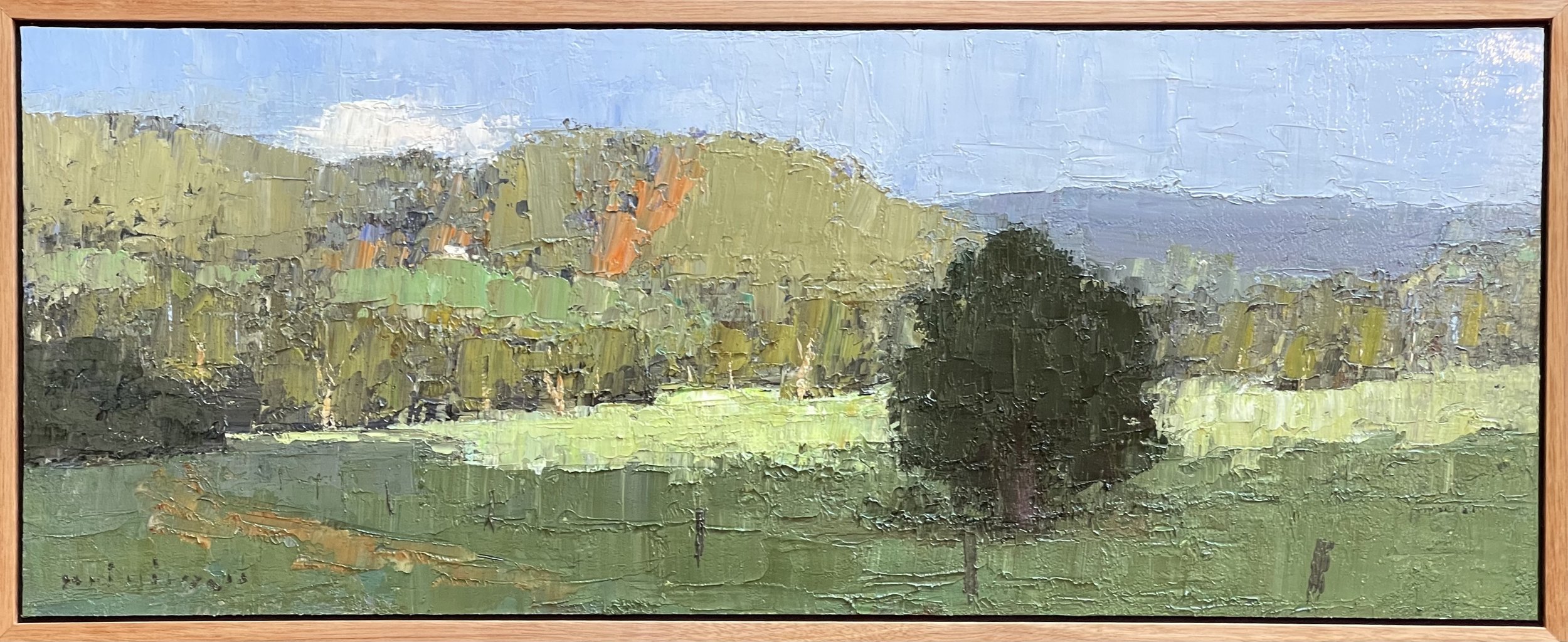 MINHAN CHO Radiance Beyond The Rolling Hills, Laceys Creek 77x30cm framed oil on board  $2100