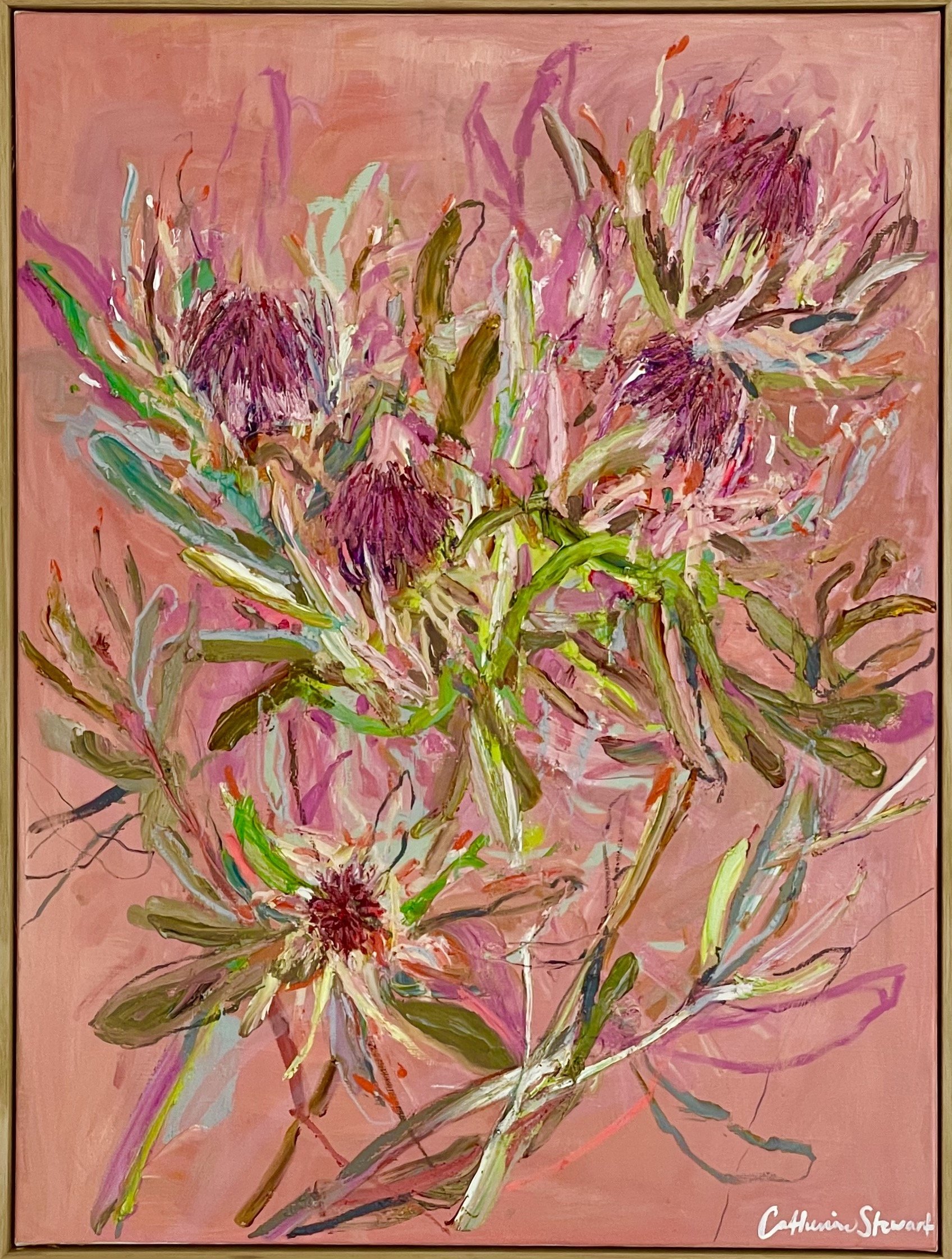 CATHERINE STEWART Australis Passion Protea I 76x102cm framed oil on linen $2900