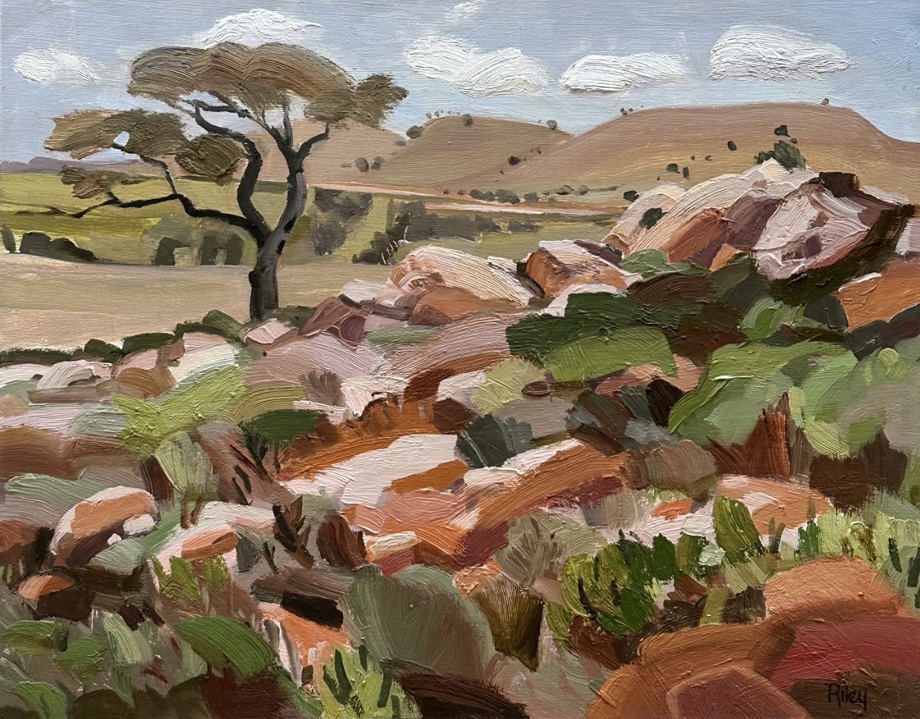 SUZIE RILEY Leopard Tree 38 x 48 cm framed oil on board $1600