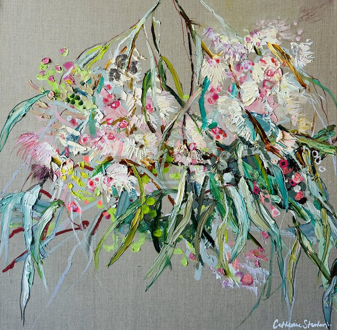 CATHERINE STEWART Flowering Gum Soft Pink 76 x 76 cm framed oil on linen $2200