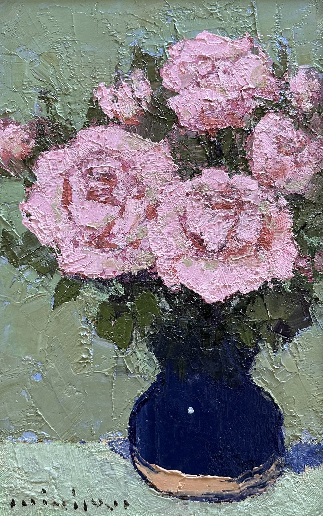 MINHAN CHO Pink Roses In A French Blue Vase 36 x 22 cm framed oil on board $1100
