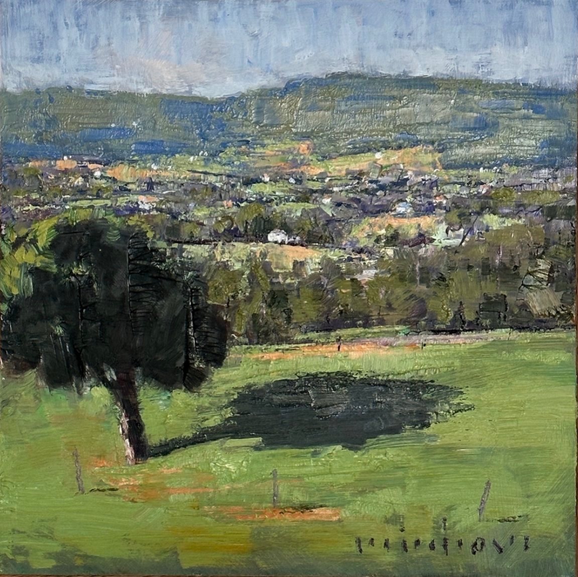 MINHAN CHO Hillside View, Dayboro 25 x 25cm framed oil on board $990