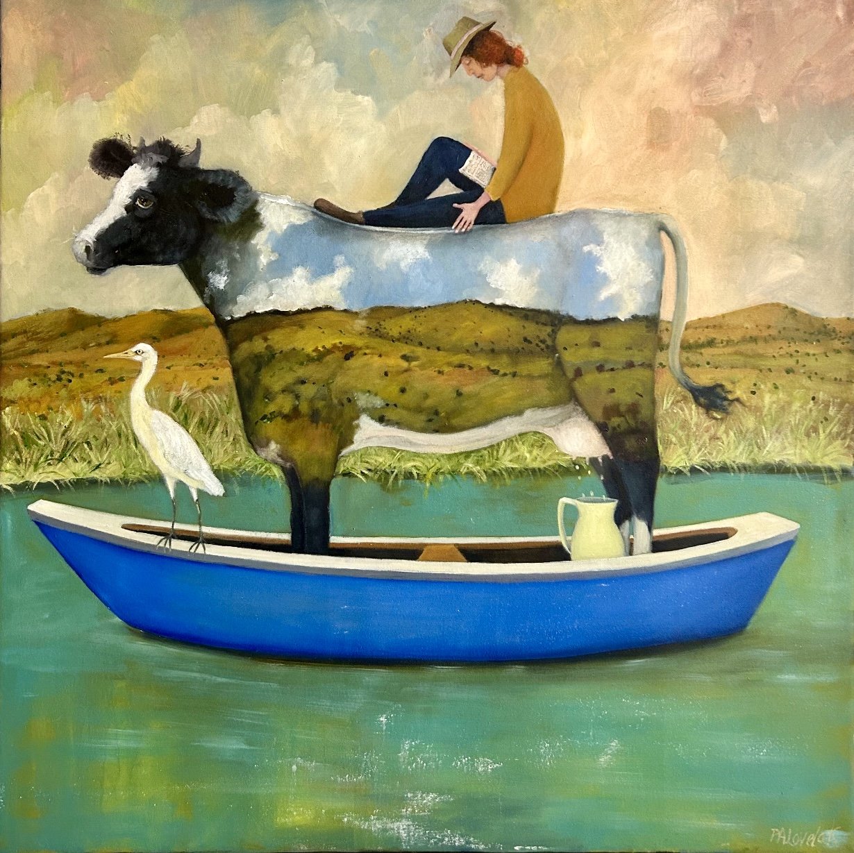 PENNY LOVELOCK A Day Out On Bessie's Bovine Book Boat 71 x 71 cm framed oil and acrylic on canvas $3200