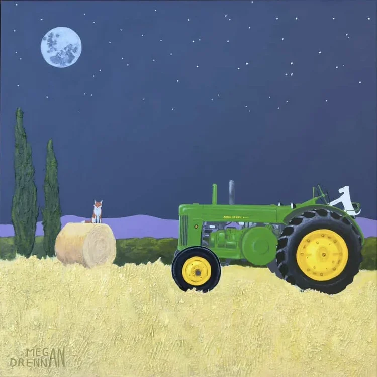 MEGAN DRENNAN A Dog, A Fox and a Deere 64 × 64cm framed acrylic on canvas $1980