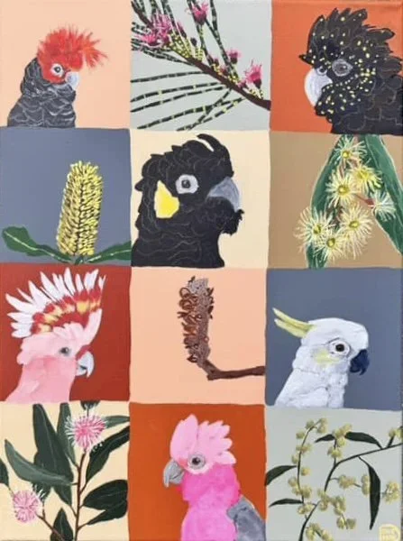 DEB CHAPMAN Cockatoos Lunchbox 30 × 40cm acrylic on canvas $650