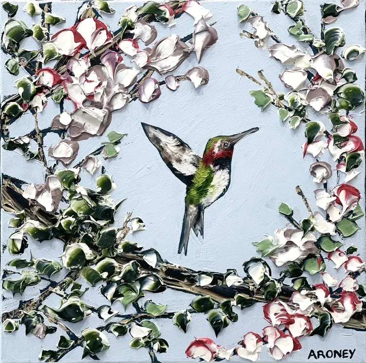 FELICIA ARONEY Hummingbird I 43 × 43 cm framed oil and acrylic on canvas $1250