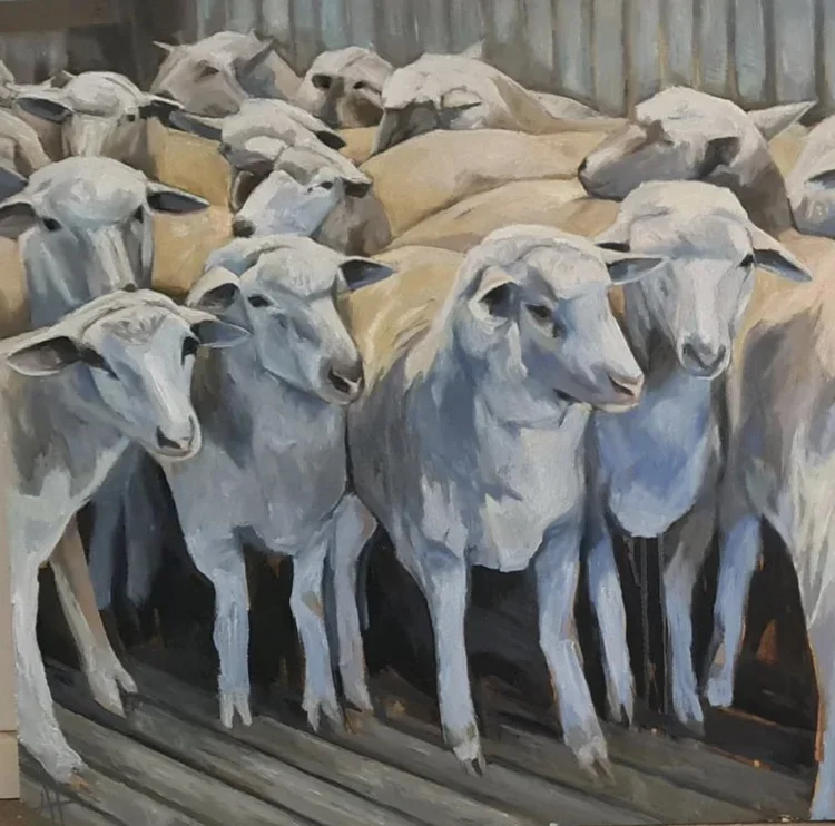 ALICE TILLEY Shoulder To Shoulder 80 × 80 cm framed oil on board $2400