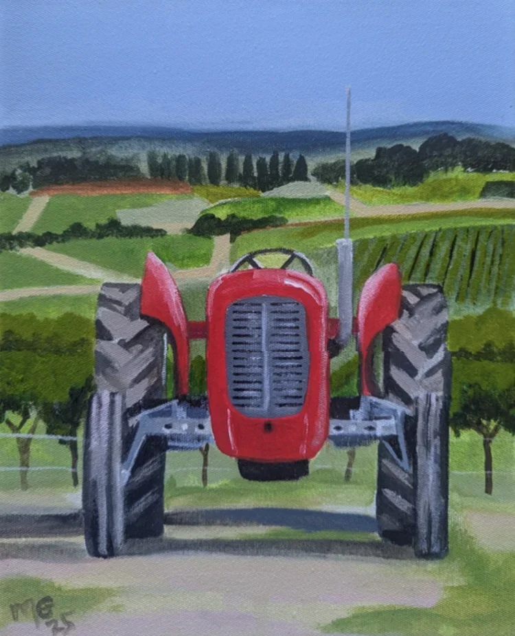 MELISSA GUEST Vineyards Red Massey Ferguson 28 × 23 cm framed acrylic on canvas $595