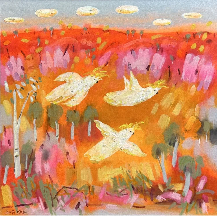 LORETTA BLAKE Cockatoos Backyard 76 × 76cm framed acrylic on canvas $2850