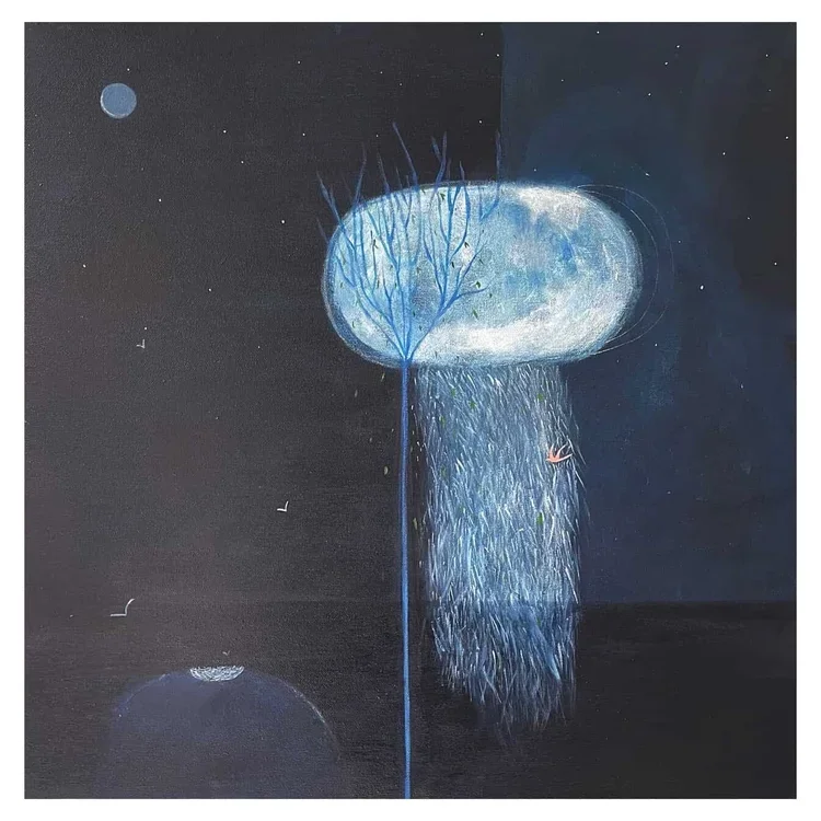 KIRSTY DAVIDSON Moon Rain Over The Lake 61 × 61 cm framed acrylic on canvas $1400