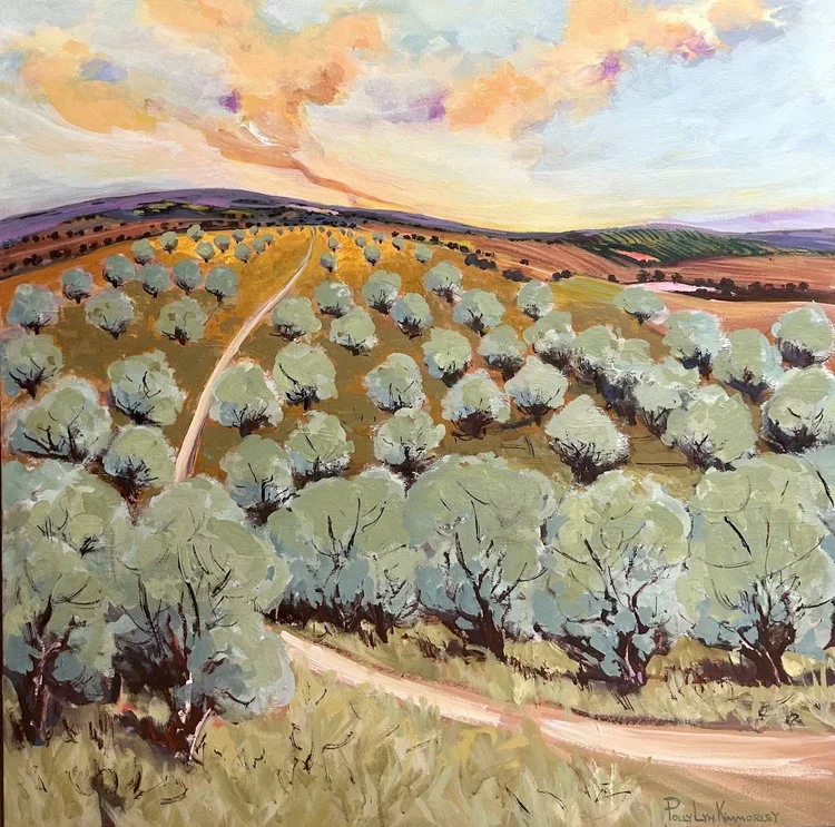 POLLY KIMMORLEY Its All About The Olive Trees 100 × 100 cm framed acrylic on canvas $3500