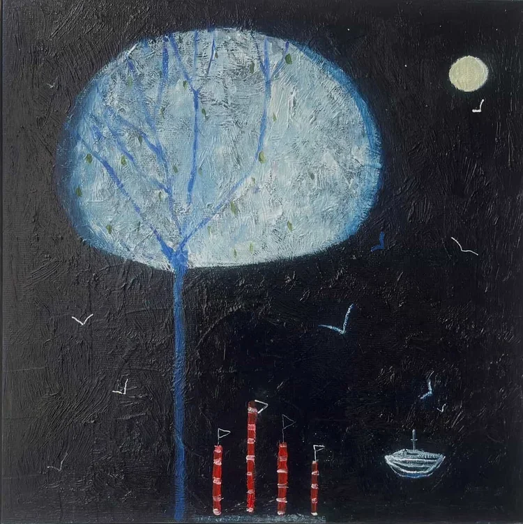 KIRSTY DAVIDSON Moonlight Boating Under Venus 25 × 25 cm framed acrylic on canvas $440
