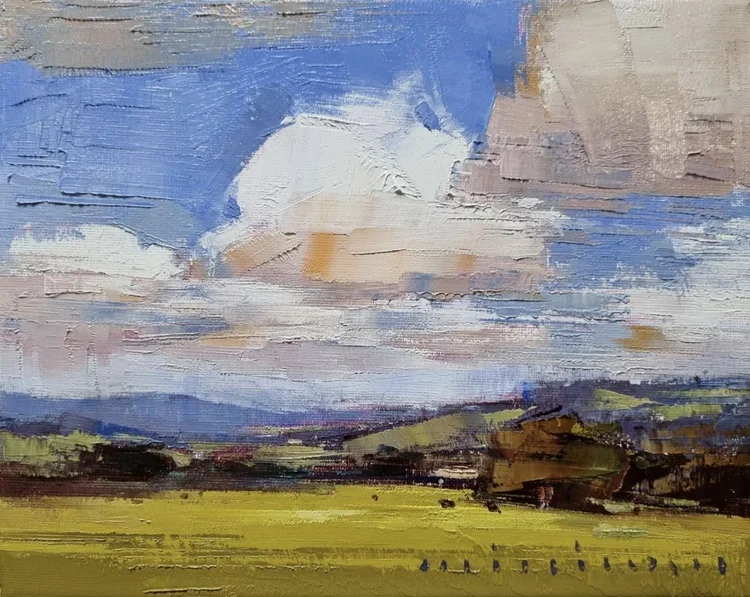 MINHAN CHO Under a Changing Sky Kilcoy 25 × 20cm Framed oil on canvas $990