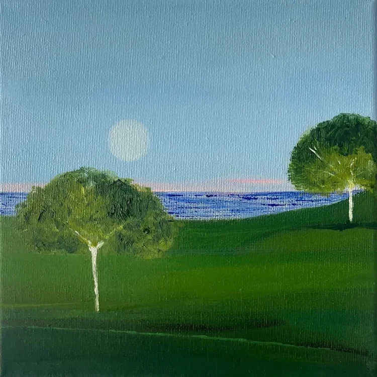 KIRSTY DAVIDSON Sunset Lake 20 × 20 cm framed acrylic on canvas $440
